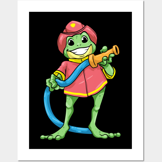 Frog as firefighter with hose Wall Art by Markus Schnabel